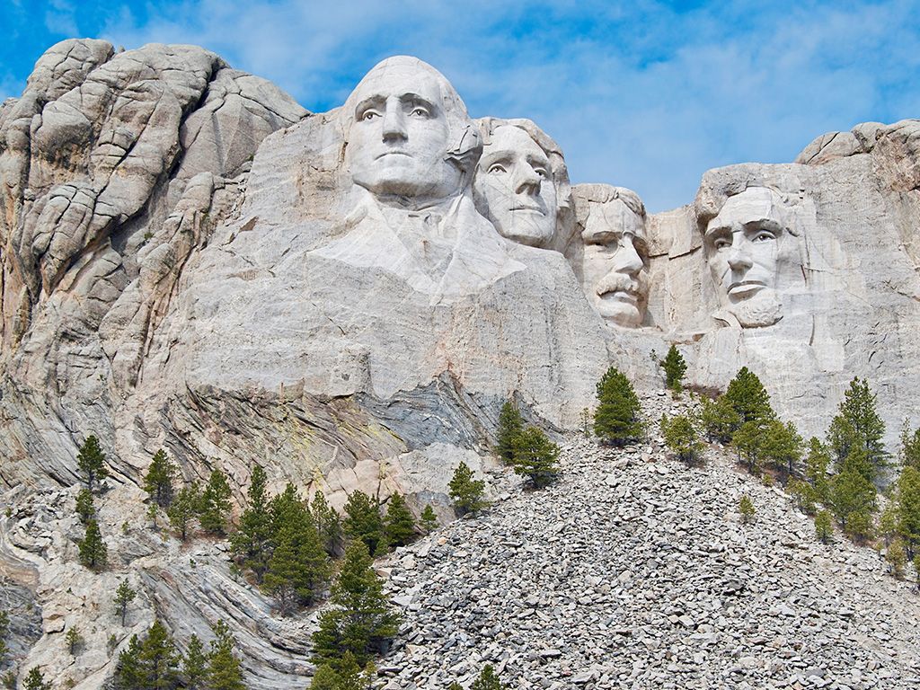 George Washington, Thomas Jefferson, Theodore Roosevelt en Abraham Lincoln